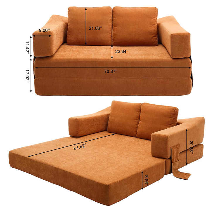 70" Living Room Compressed Foam Sofa with Pull Out Bed & Removable Armrests