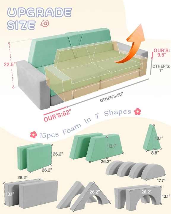 15pcs Kids  Playroom Modular Foam Building Kits and Couch