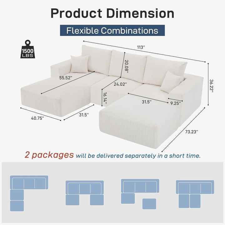 113'' Sectional Cloud Boneless Sofa Couches for Living Room