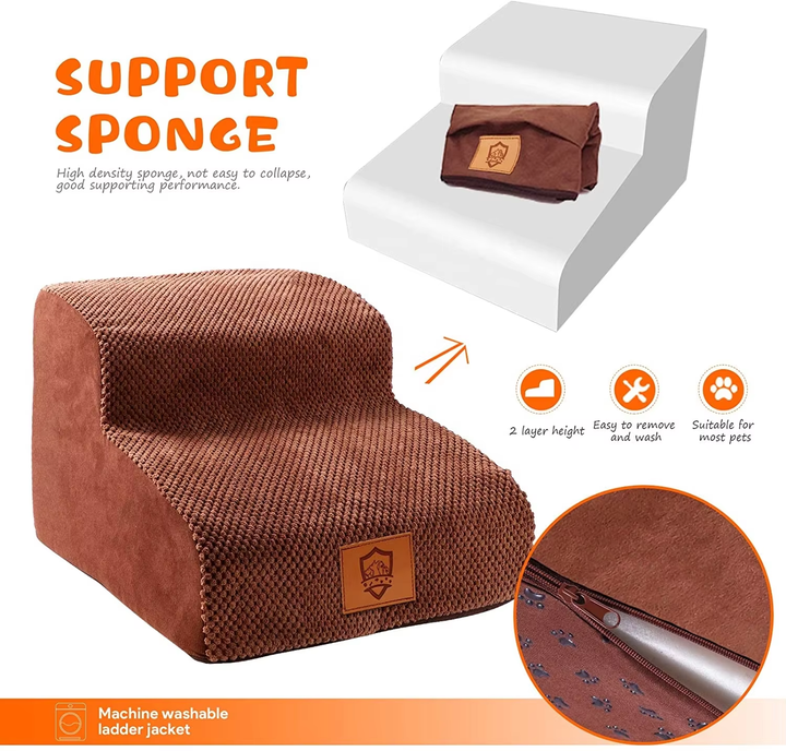 Pet Stair Removable and High Elastic Sponge Cat Stairs 2 Steps Dog Stairs for High Beds and Couch