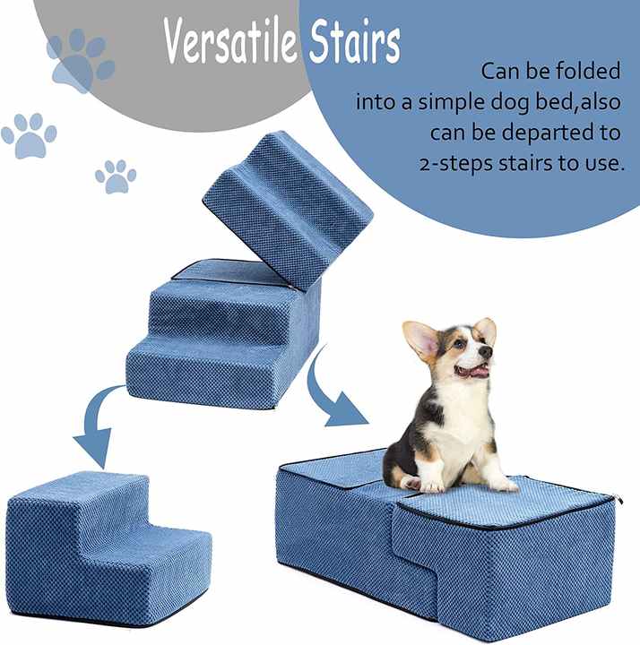 Multifunctional 4-Step Anti-Slip Foldable Foam Dog Steps with Removable Washable Cover for Smaller and Elder Pets