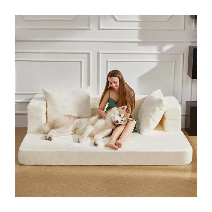 Beanbag Convertible Sofa Dog Bed Faux Fur Floor Sofa Large 3-in-1 Folding Bean Bag Chair With Pillow