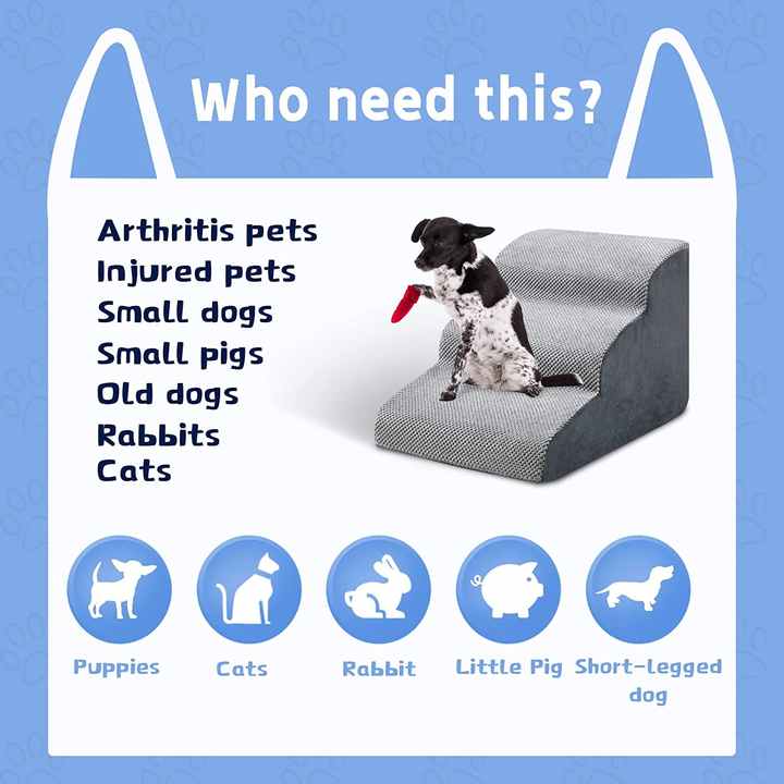 3 Steps Pet Stairs with Certified High Density 30D Foam for Dogs and Cats