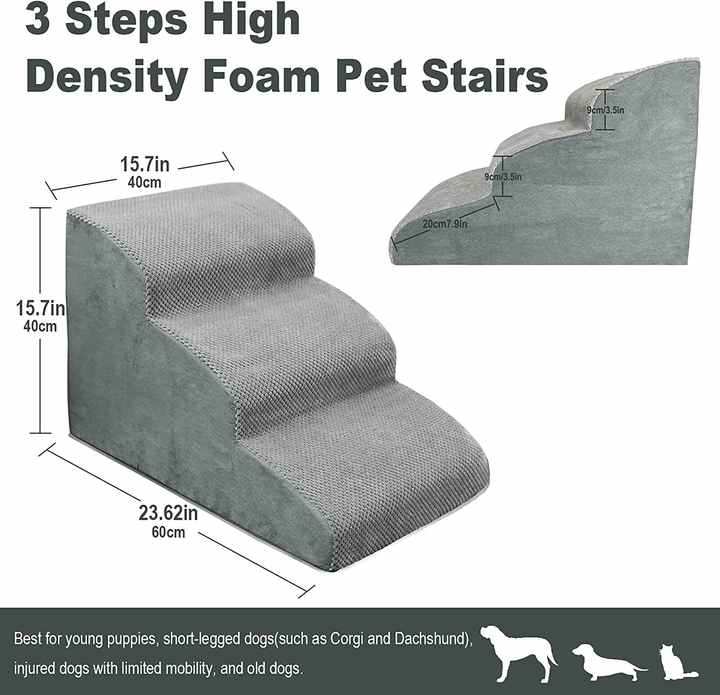 3 Steps Pet Stairs with Certified High Density 30D Foam for Dogs and Cats