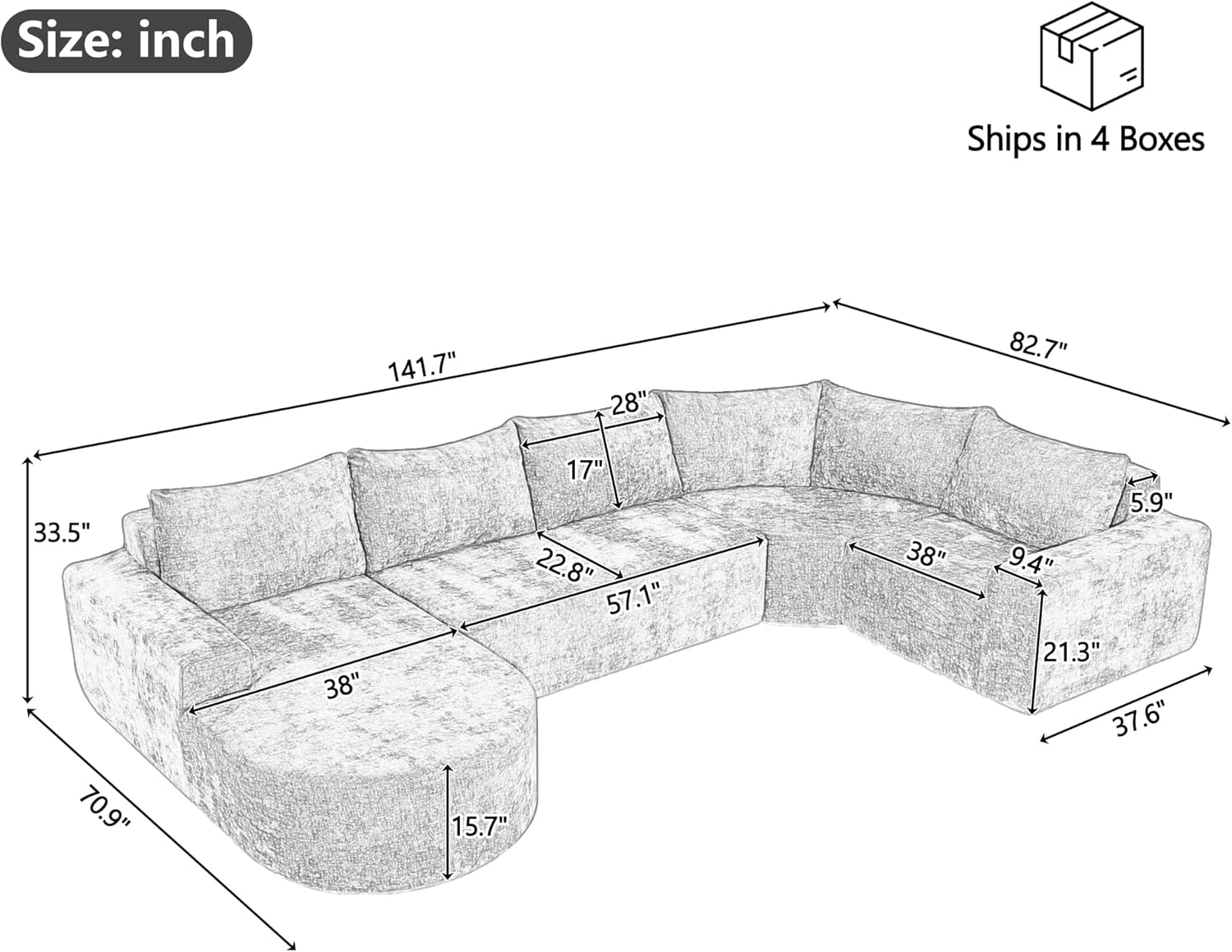 141.7in Oversized U Shape Combinate Sofa With Vacuum Compression Package