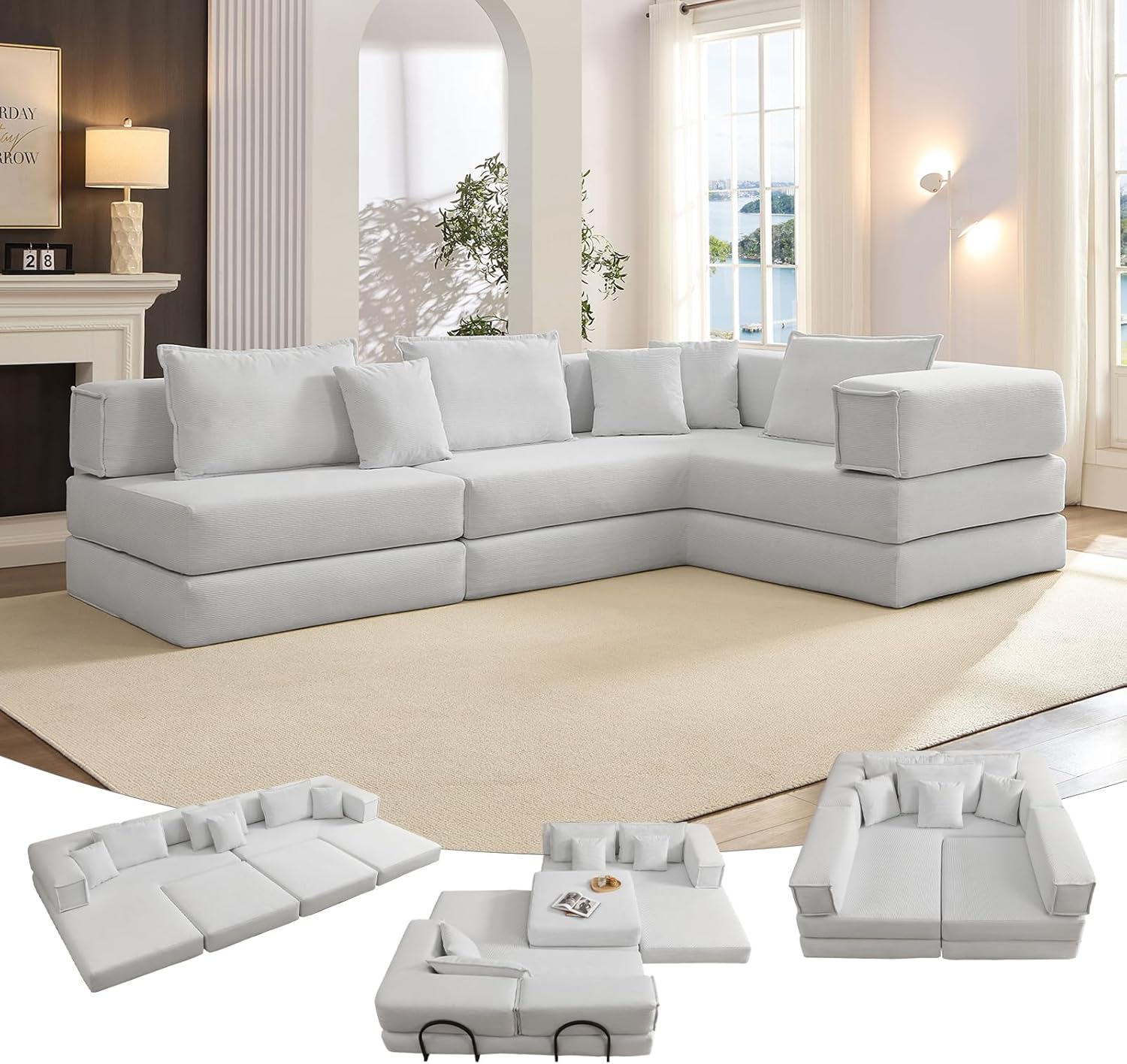 2025 New 118" Compressed Foam Modular Convertible Sofa Set