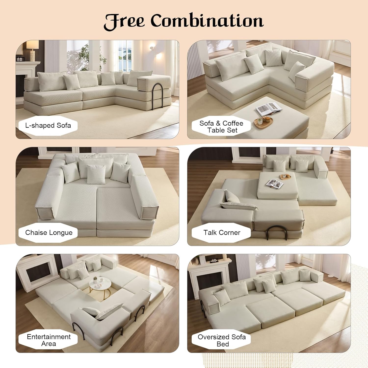 2025 New 118" Compressed Foam Modular Convertible Sofa Set