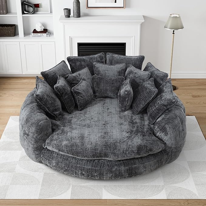 Oversized Round Fluffy Plush Chaise Lounge Bed