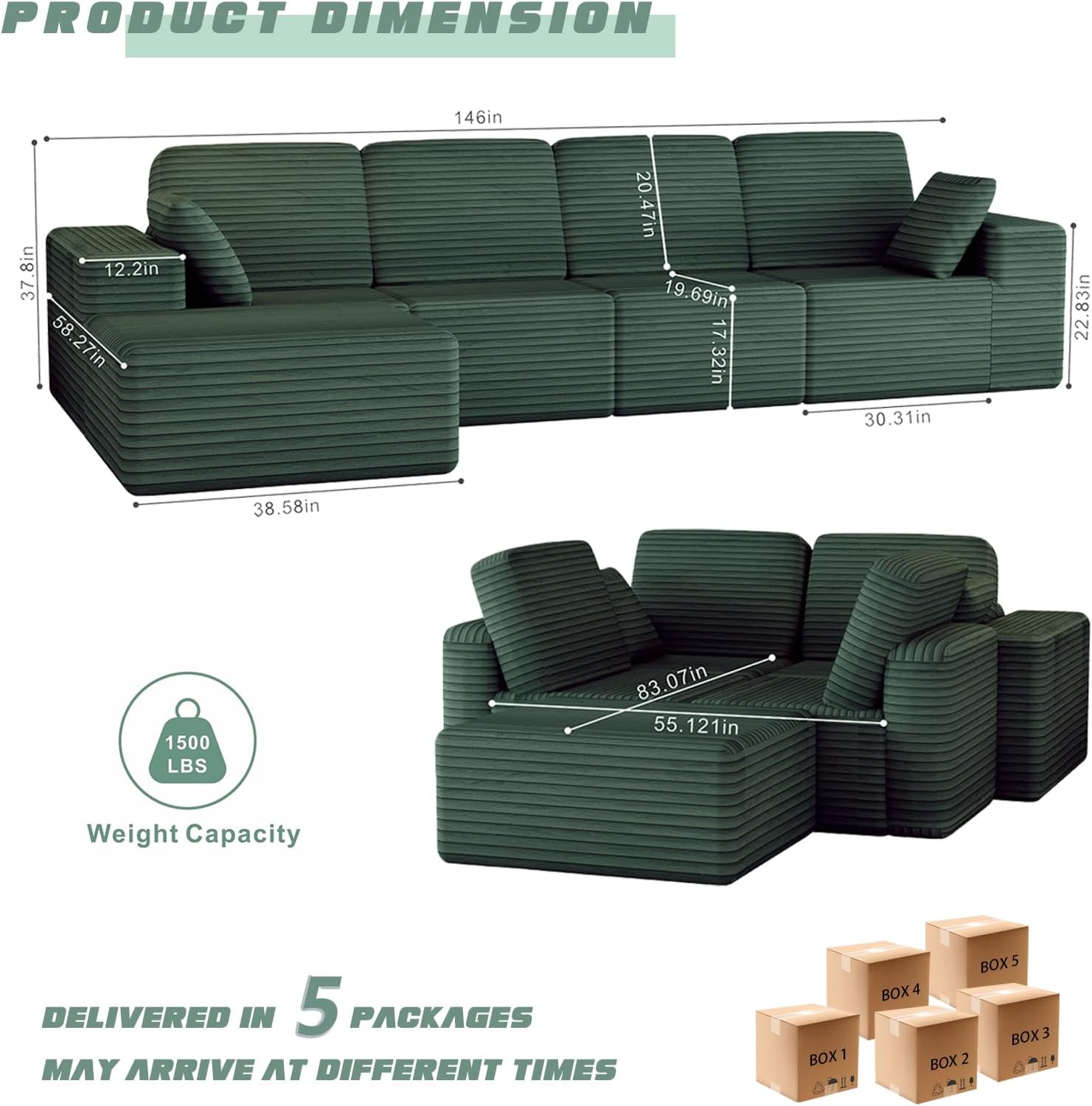 146" Modular Sectional Vacuum Compression Sofa