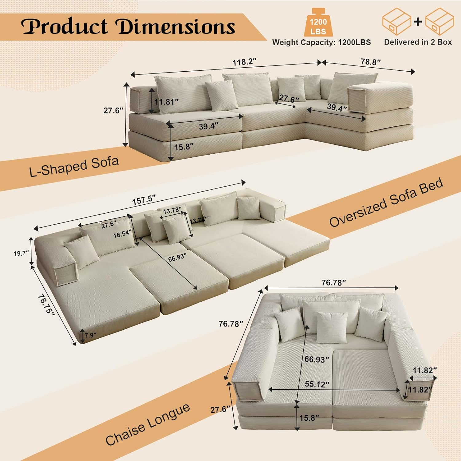 2025 New 118" Compressed Foam Modular Convertible Sofa Set