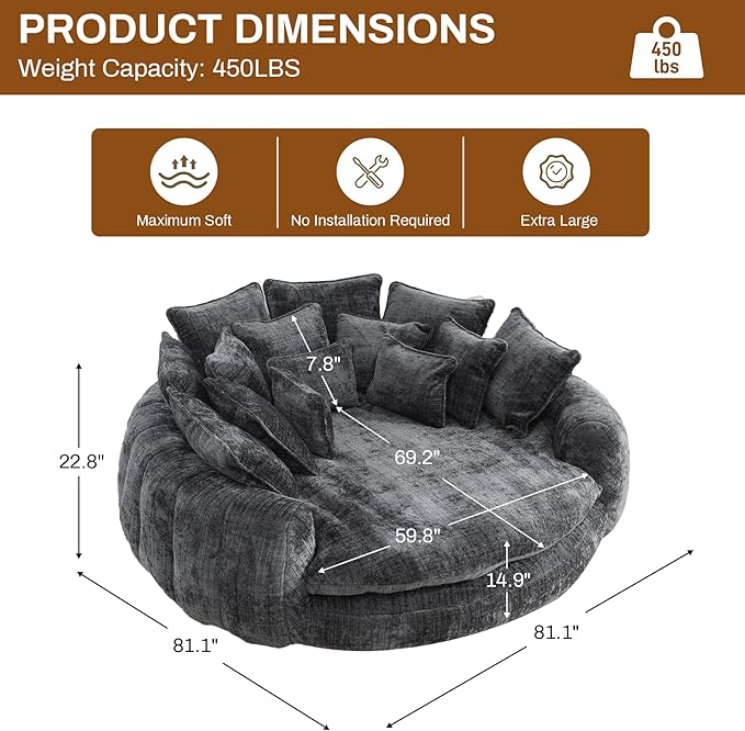 Oversized Round Fluffy Plush Chaise Lounge Bed