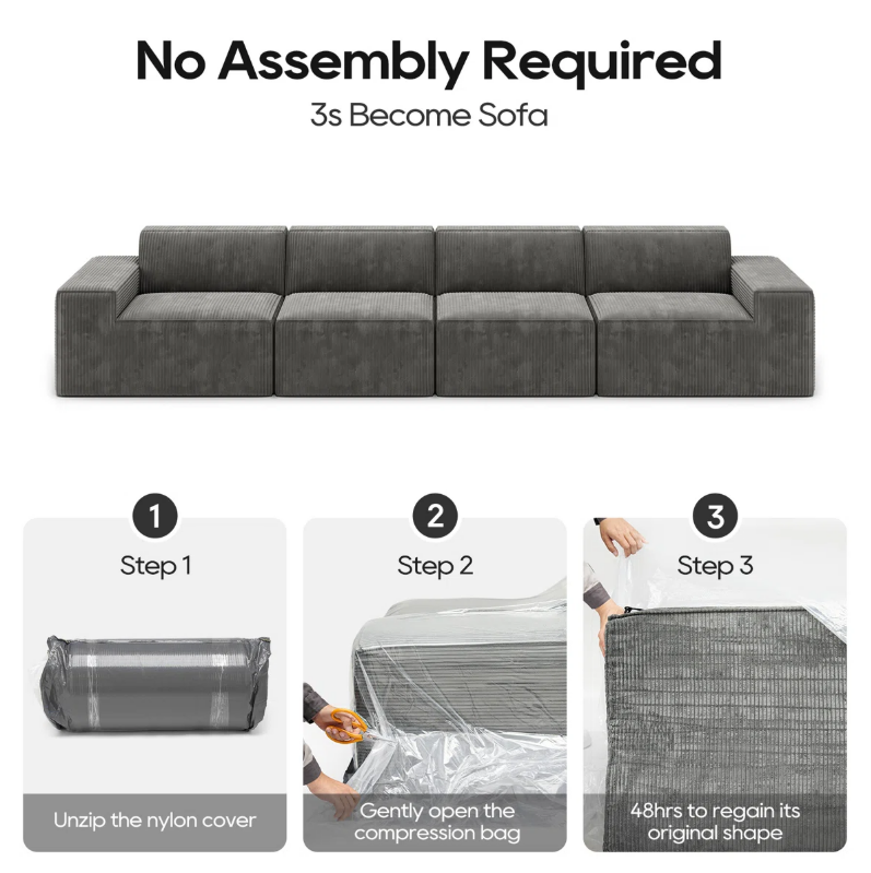 4 Seats Corduroy Modular Sectional Sofa with 30D Compressible Sponge