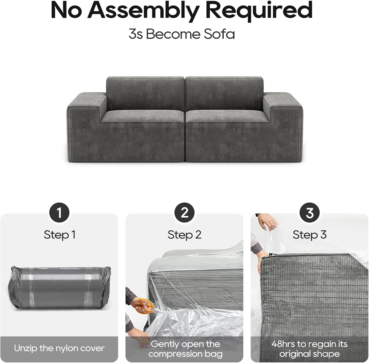 2 Seats Modular Sectional Corduroy Sofa with Vacuum Compressed