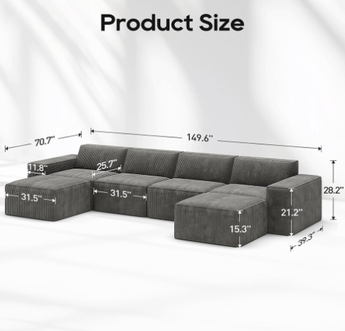 4 Seats Corduroy Modular Sectional Sofa with 30D Compressible Sponge