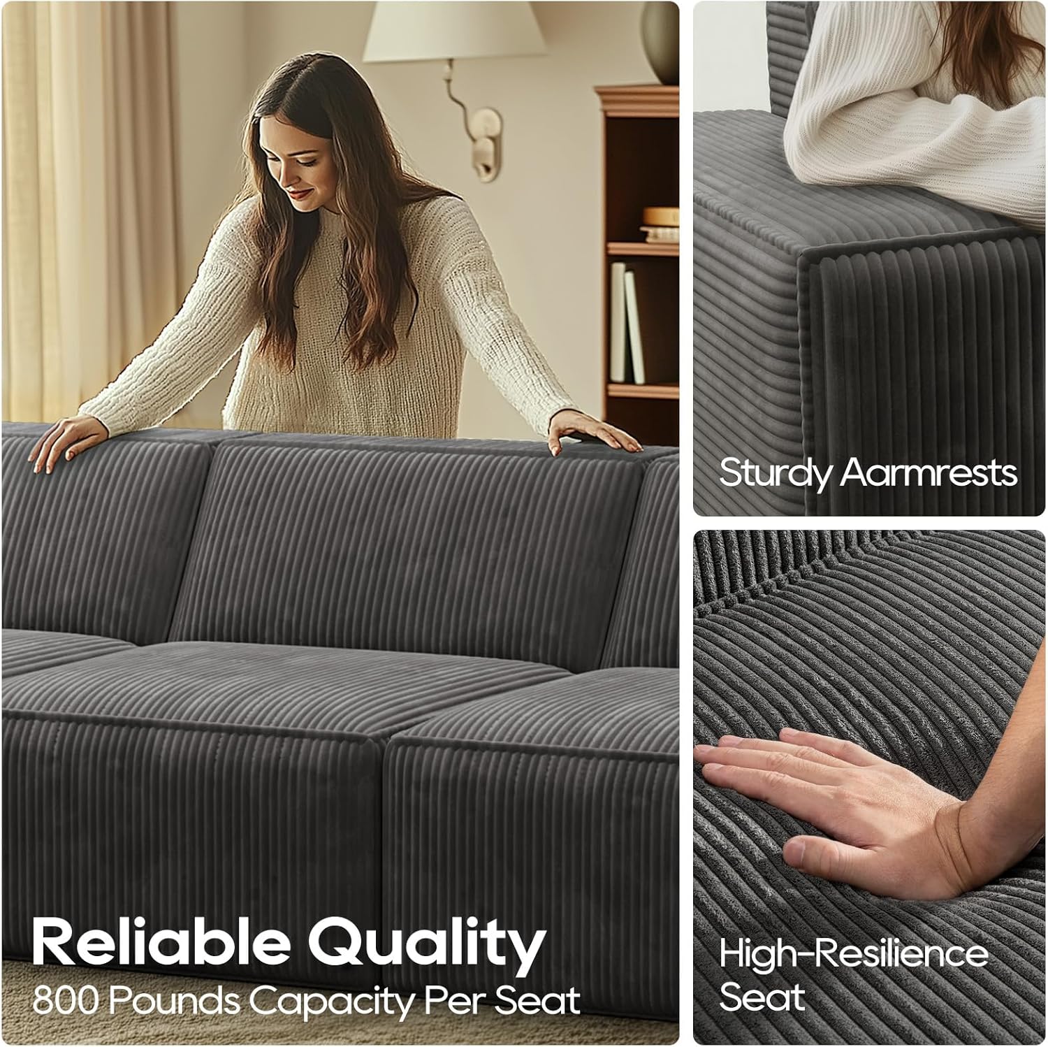 4 Seats Corduroy Modular Sectional Sofa with 30D Compressible Sponge